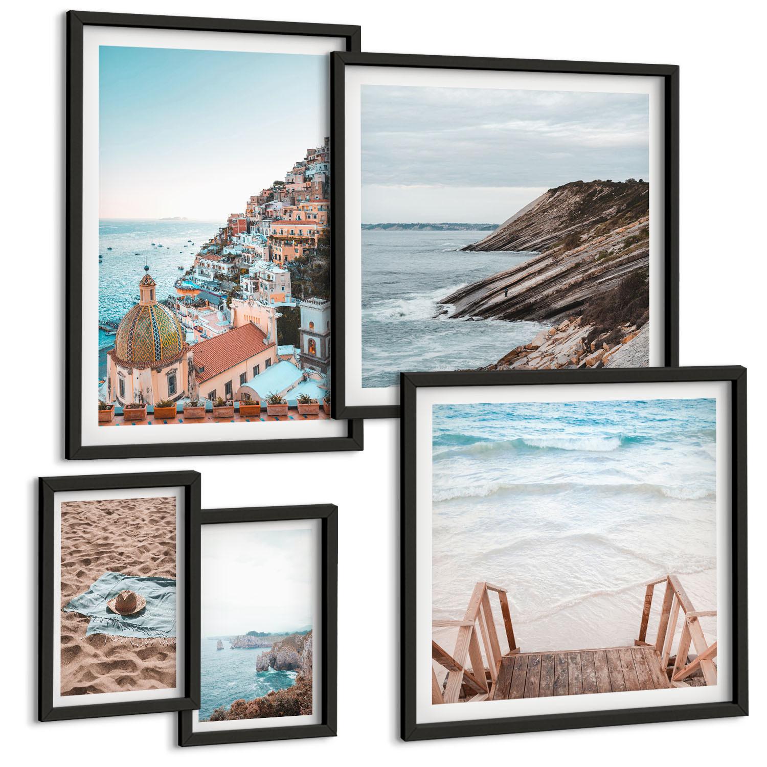 BILDER SET 5er Set - 50x50 cm & 20x30 cm & 40x60 cm Schwarzer Rahmen - Berglandschaften und Wasserfälle - Schwarz, Kunststoff (40/60cm) - TULUP