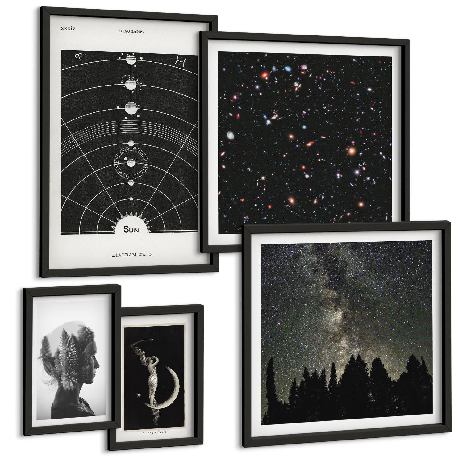BILDER SET 5er Set - 50x50 cm & 20x30 cm & 40x60 cm Schwarzer Rahmen - Galaxie im Sonnensystem - Schwarz, Kunststoff (40/60cm) - TULUP