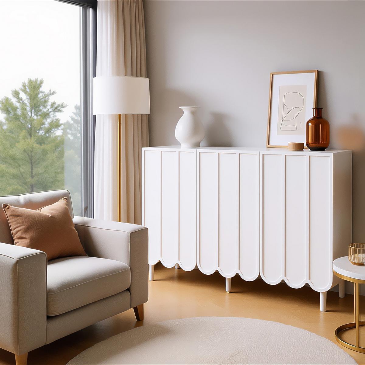 SIDEBOARD mdf in weiß mit wellentüren, push-to-open & verstellbaren einlegeböden - Weiß, Holzwerkstoff/Metall (120/80/35cm) - Urban Meuble