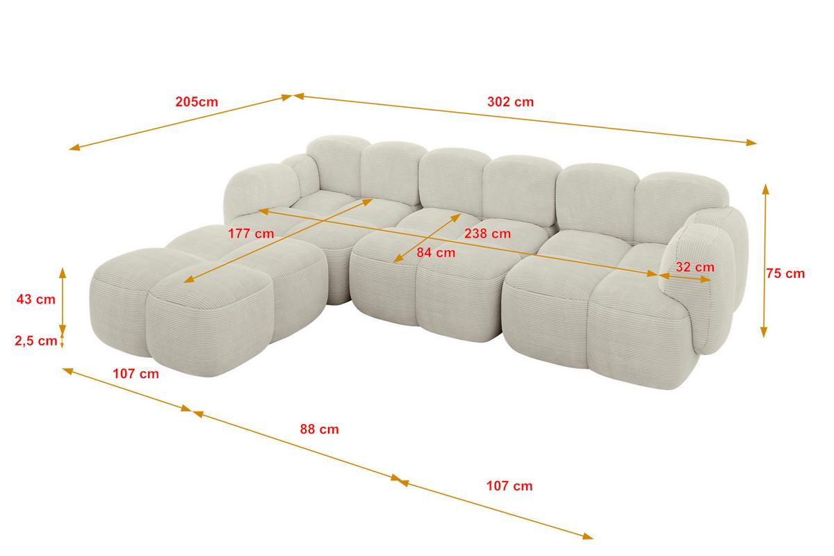 ECKSOFA modulares Sofa Links Miko-L2 302x205x75 Creme Cord - Schwarz/Mokka, Holzwerkstoff/Kunststoff (302/205cm) - ALTDECOR