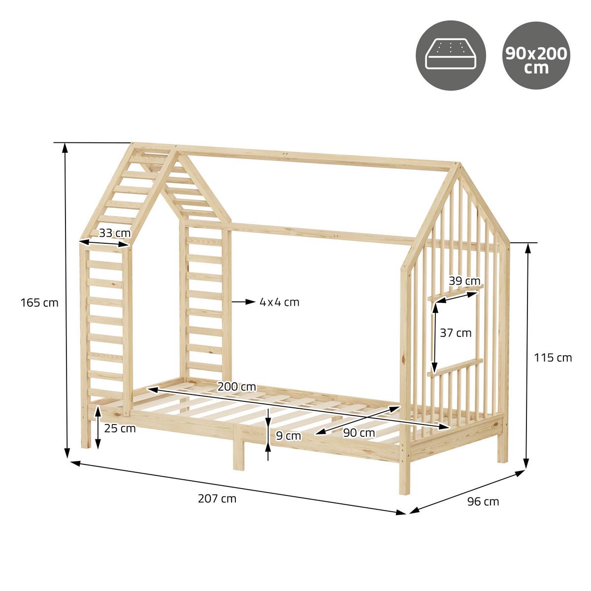 KINDERBETT 90x200 cm mit Matratze Lattenrost & Dach Hausbett aus massivem Kiefernholz Natur - Naturfarben, Holz (90/200cm) - ML-DESIGN