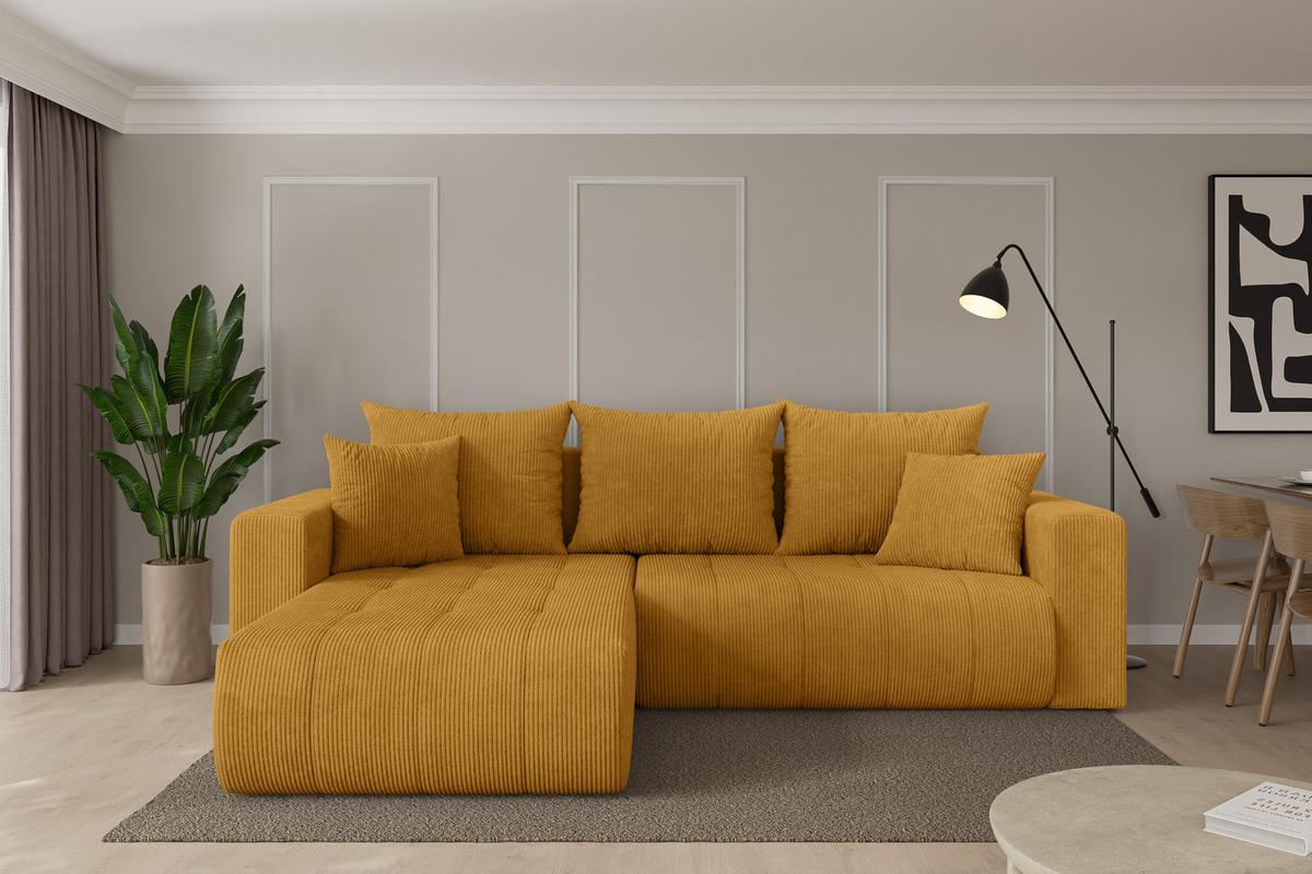 ECKSOFA mit Schlaffunktion Ottomane Links MILA-L 277x194x86 Senfgelb Cord - Dunkelgelb/Schwarz, Holzwerkstoff/Kunststoff (277/194cm) - ALTDECOR
