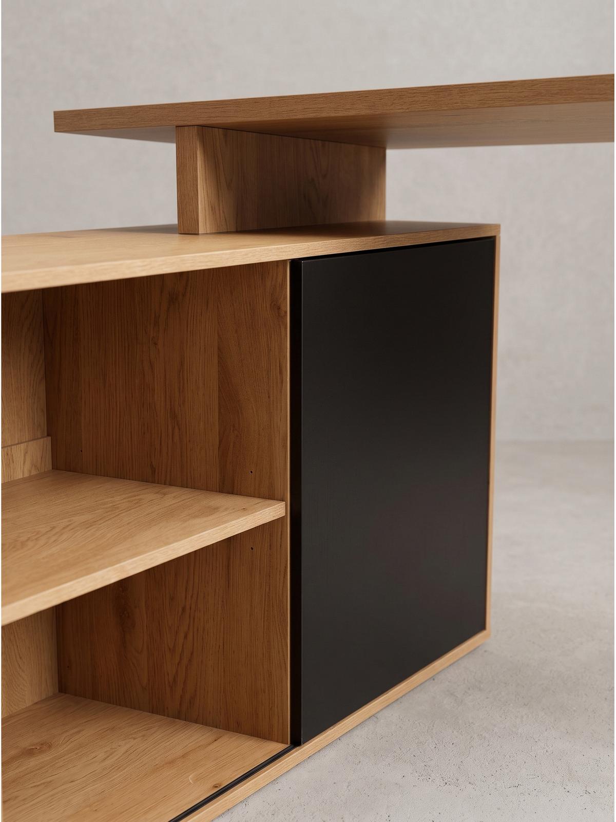 SCHREIBTISCH BRADANO, MDF, mit Ablagen, Eiche-Schwarz, 130 x 110 x 74,5 cm - Schwarz/Braun, Holzwerkstoff/Metall (110/130/74.5cm) - KADIMA DESIGN
