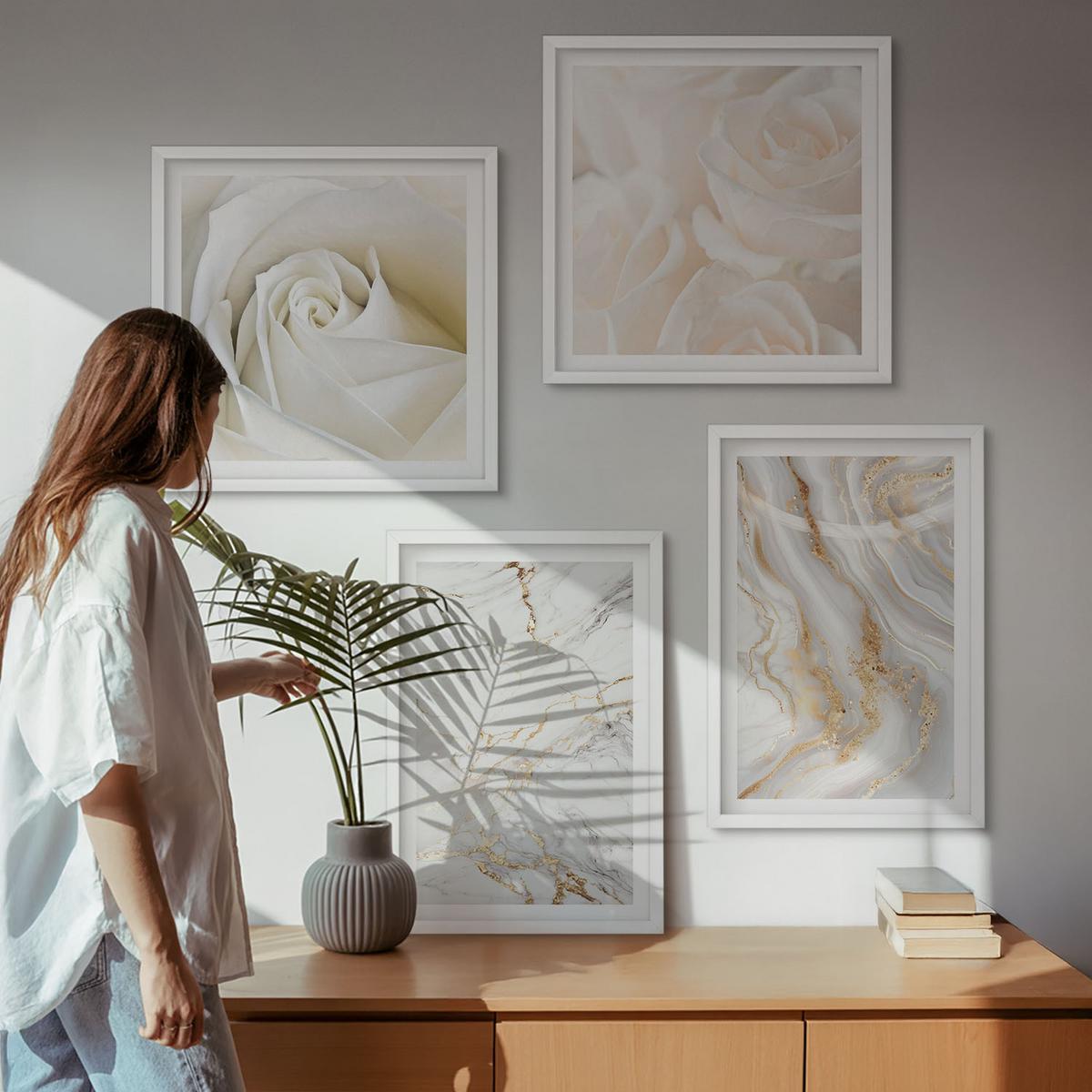BILDER SET 4er Set - 50x50 cm & 40x60 cm Weißer Rahmen - Elegante Marmormuster - Weiß, Kunststoff (50/50cm) - TULUP
