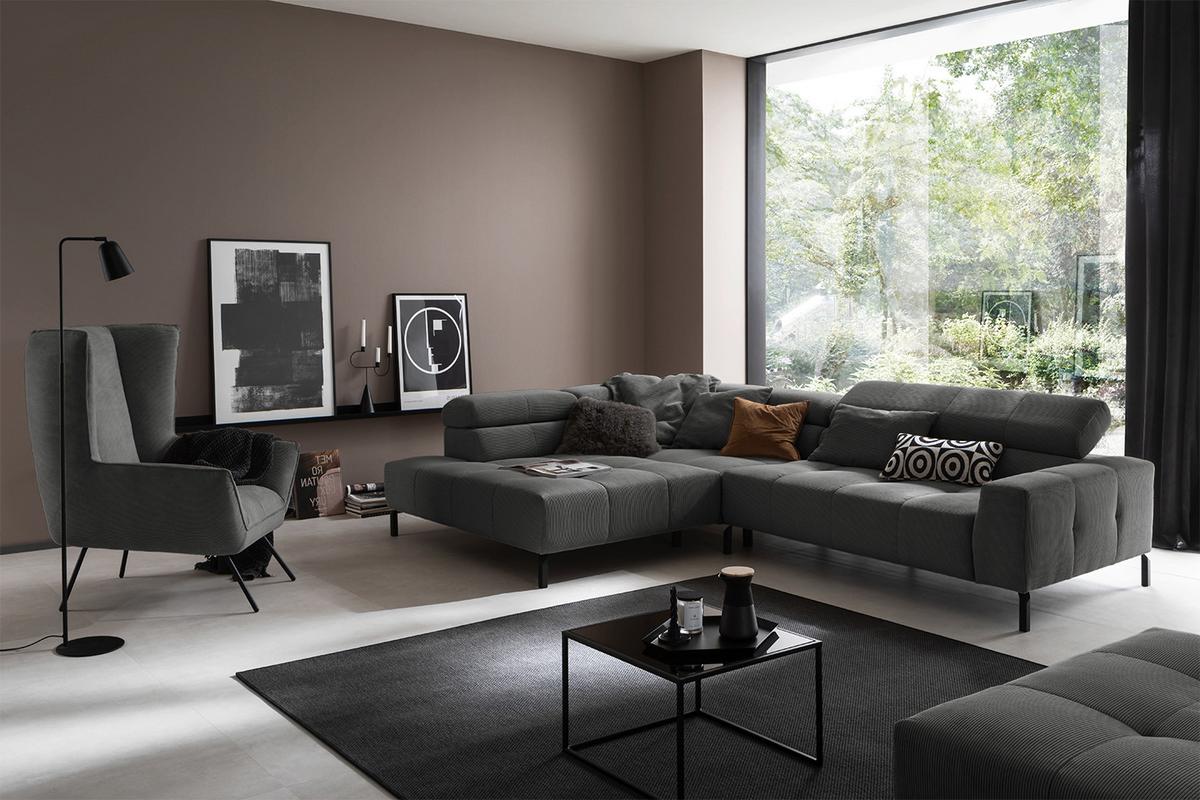 ECKSOFA OHIO Anthrazit Cord - Anthrazit/Schwarz, Textil/Metall (311/219cm) - KAWOLA