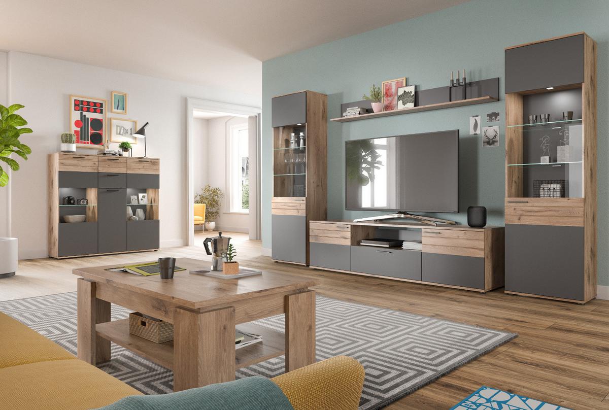 HIGHBOARD Eiche, grau 140 x 134 cm, Schrank mit Soft-Close, Wohn- und Esszimmermöbel - Eichefarben/Schwarz, Holzwerkstoff/Kunststoff (140/134/37cm) - Inn.Furn