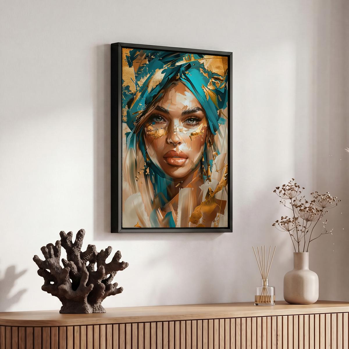 LEINWAND Bilder mit Rahmen - Frau - Porträt - Gold - Luxus - Blau - 20x30 - Türkis, Textil (20/30cm) - MuchoWow