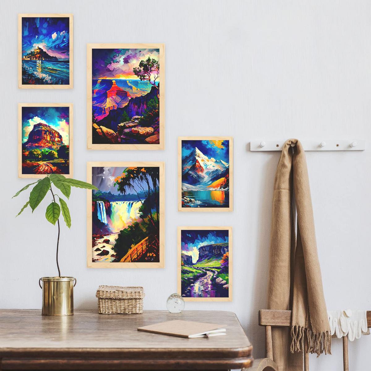 POSTER Set Mit 6 Blau Im Ölgemälde Stil A3 & A4 Rahmen Aus Hellem Holz - Beige, Papier (29/3cm) - Nacnic
