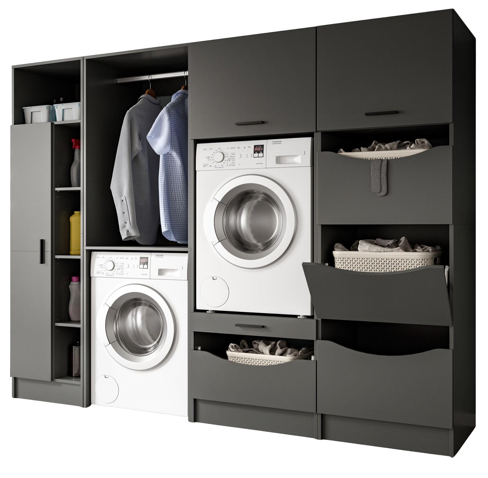 WASCHMASCHINENSCHRANK grau Set 4-teilig 242 x 196 cm, XXXL mit viel Stauraum - Schwarz/Grau, Holzwerkstoff/Kunststoff (242/196/68cm) - Inn.Furn