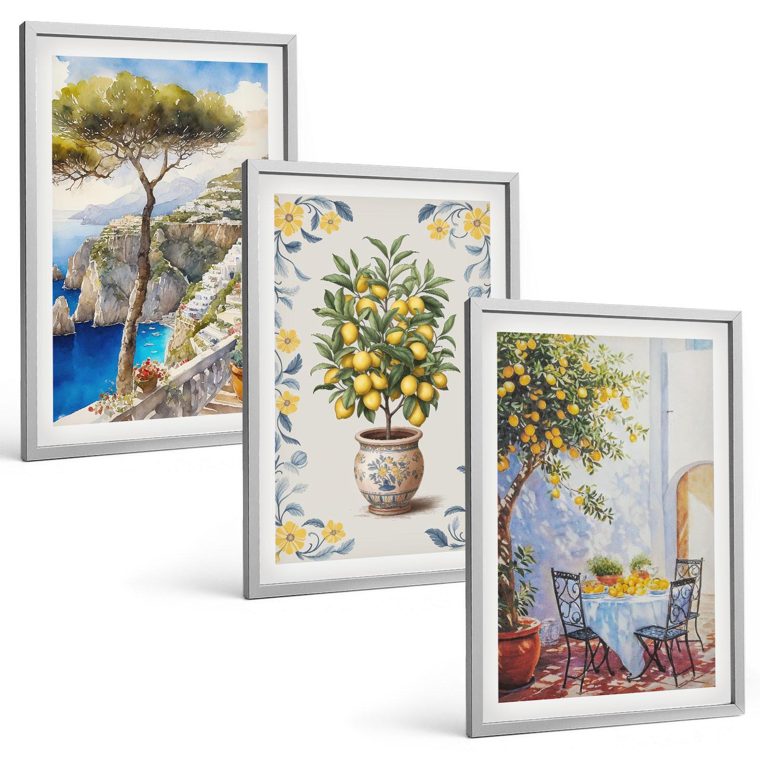 BILDER SET 3er Set - 40x60 cm Silberner Rahmen - Gemälde von Zitronenbäumen - Silberfarben, Kunststoff (40/60cm) - TULUP