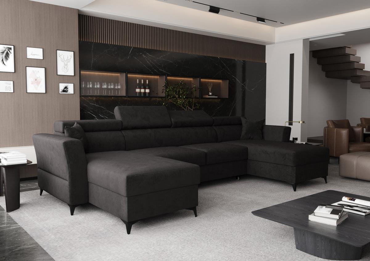 WOHNLANDSCHAFT Ribella Grafit 345/180/100 cm mit Schlaffunktion - Schwarz, Textil/Metall (345/100/180cm) - AX Living