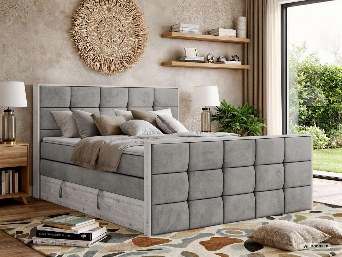 BOXSPRINGBETT ALNOR KING DUO 140/200 - Hellgrau Velvet - Topper Visco - H3 - Hellgrau/Schwarz, Kunststoff/Textil (140/200cm) - MKS