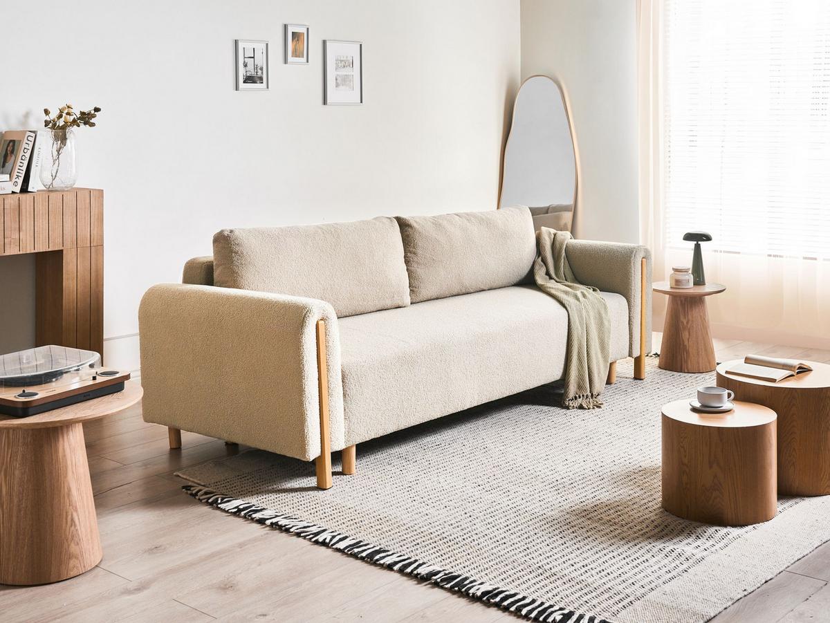 SCHLAFSOFA 3-Sitzer Bouclé Hellbeige mit Stauraum Kvam - Hellbraun, Textil (242/85/99cm) - Beliani