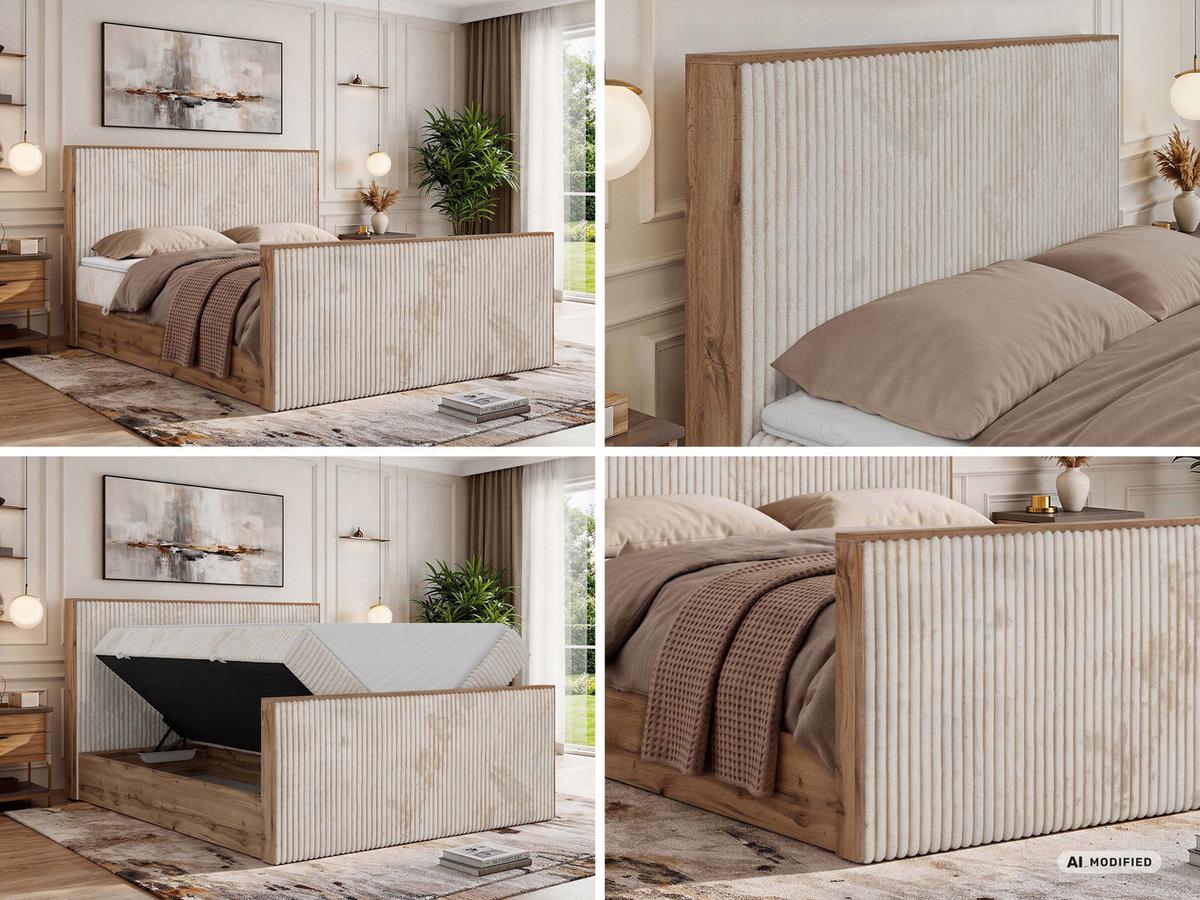 BOXBETT WOOD DUO 200/200 - Beige Cord - Topper Visco - H3 - Beige/Schwarz, Kunststoff/Textil (200/200cm) - MKS