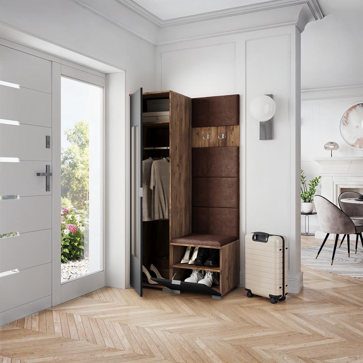 GARDEROBENSCHRANK VIRA 95/181/51 cm Modern Garderobe-Set Eiche Lefkas - Eichefarben/Schwarz, Holzwerkstoff (95/181/51cm) - MASSENO