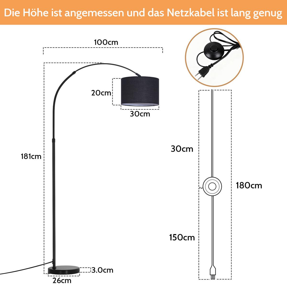 STEHLAMPE Avenirly 30/20/181 cm - Schwarz, Textil/Metall (30/20/181cm) - ZMH