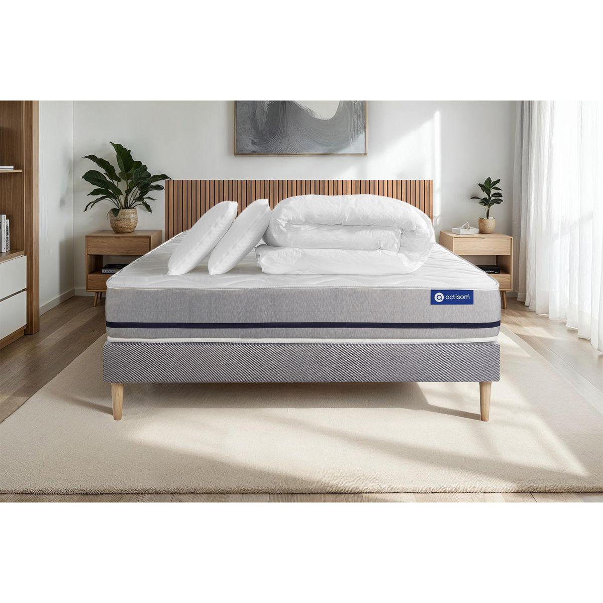 BETT Actimemo soft Memory-Schaum 160 x 200 cm h2 - Kit Bettgestell Grau - Mit Kissen und Bettdecke - Beige/Grau, Karton/Holz (160/200cm) - ACTISOM