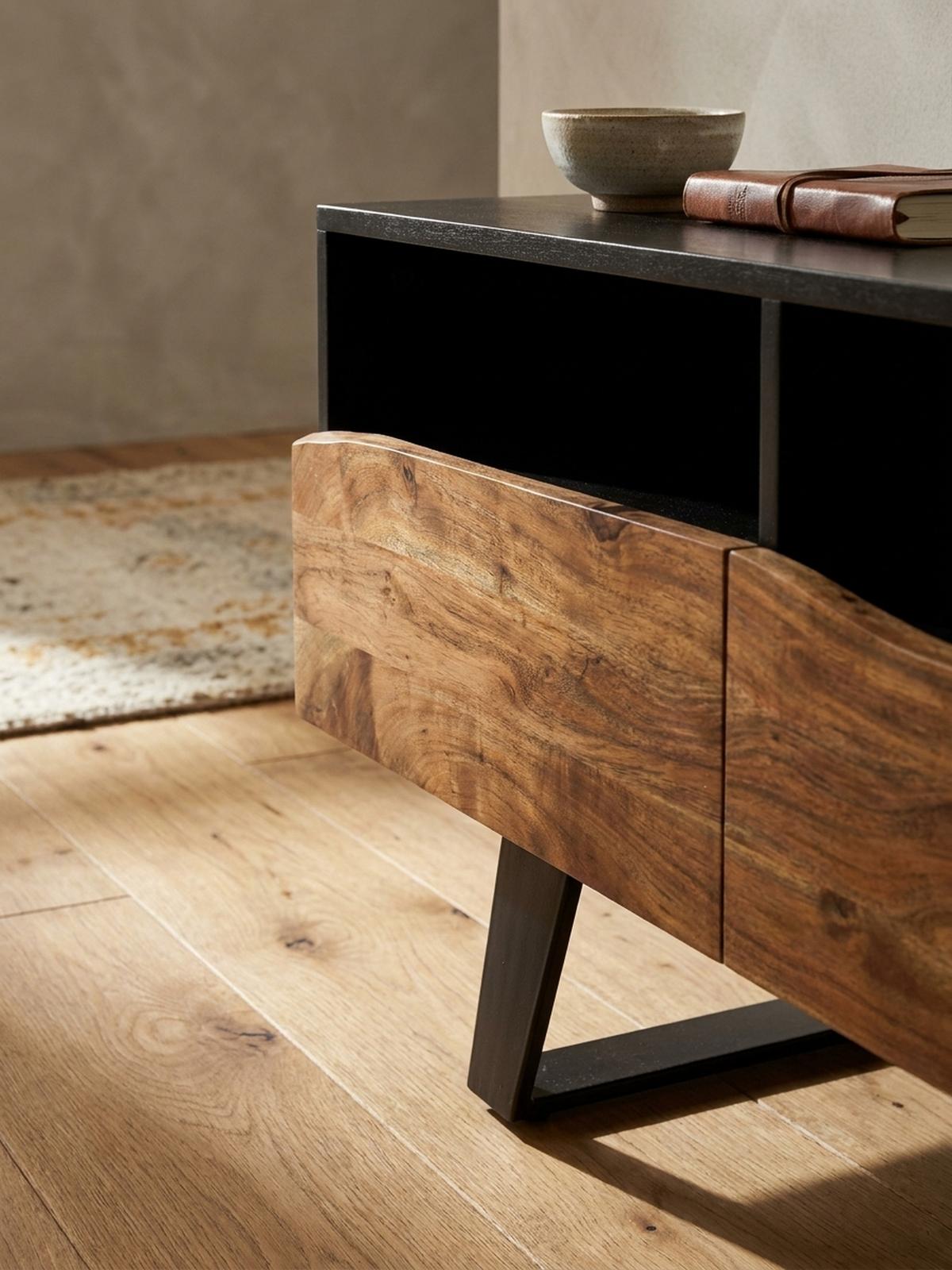 LOWBOARD Akazie Massivholz Modern Stil 140x50x40 cm Baumkante mit Schublade und Türen - Schwarz, Holz/Metall (140/50/40cm) - KADIMA DESIGN