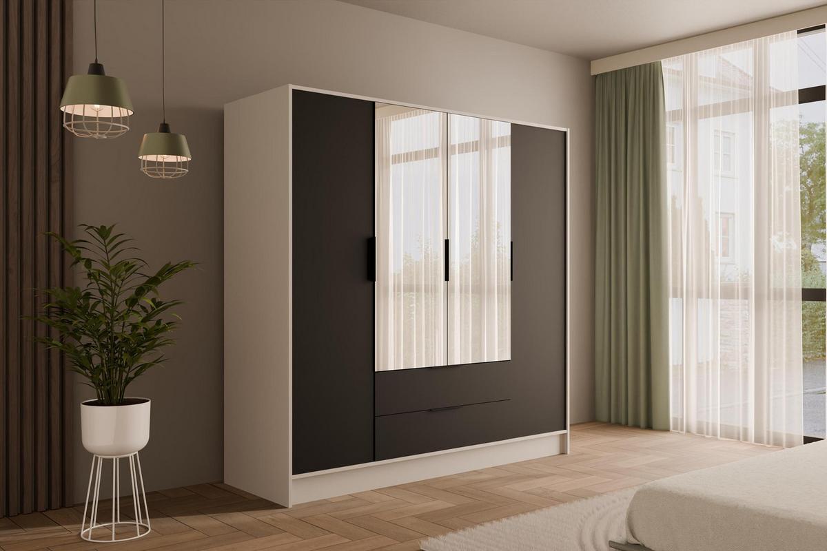 KLEIDERSCHRANK mit Spiegel und Flügeltüren KOLIN 200x200cm Weiß / Schwarz - Schwarz/Weiß, Holzwerkstoff (200/200/51cm) - ALTDECOR