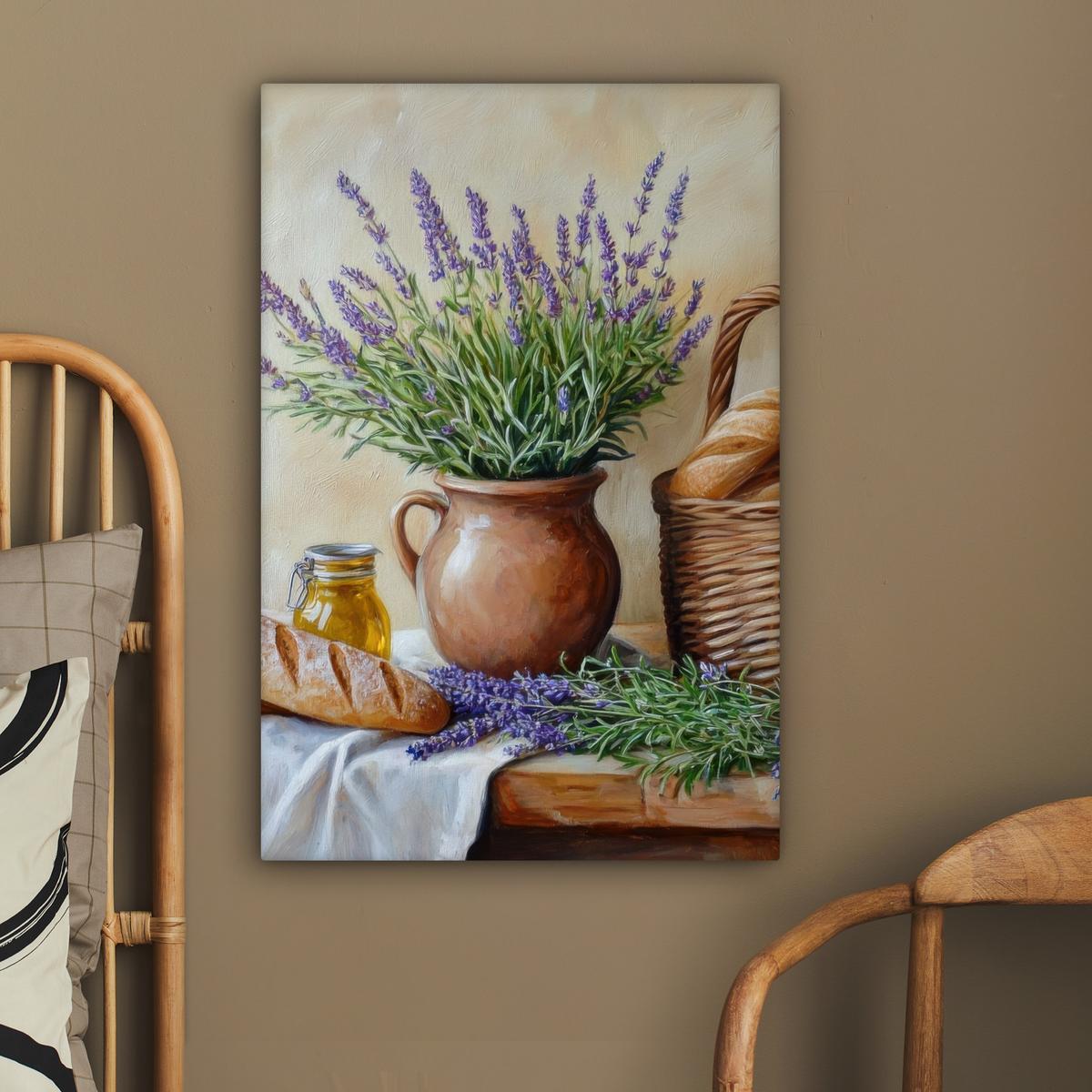 LEINWANDBILD Lavendel - Brot - Stilleben Wanddeko 40x60 cm - Flieder, Textil (40/60cm) - MuchoWow