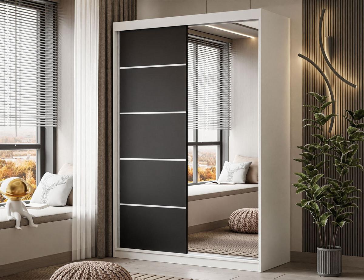 KLEIDERSCHRANK CAMARO II PLUS 150 cm mit Spiegel Schiebetürenschrank Weiß / Schwarz - Schwarz/Weiß, Holzwerkstoff (150/215/59cm) - Lookway
