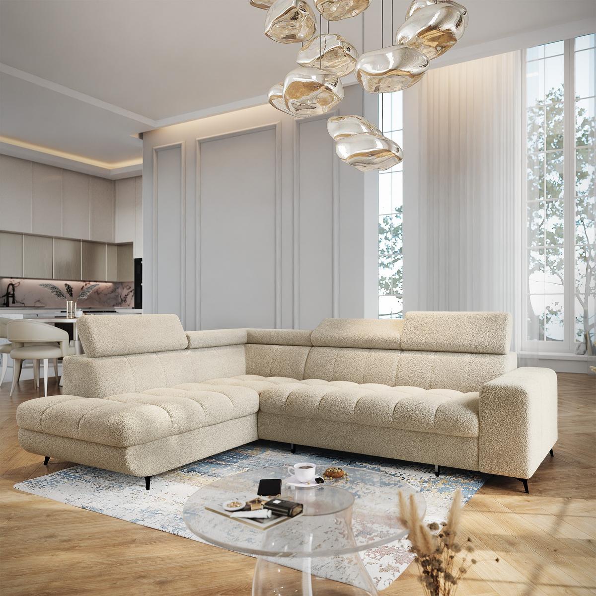 ECKSOFA MORIVA Q L-S Creme Boucle-Stoff mit Schlaffunktion - Creme, Holzwerkstoff/Textil (253/190cm) - MASSENO