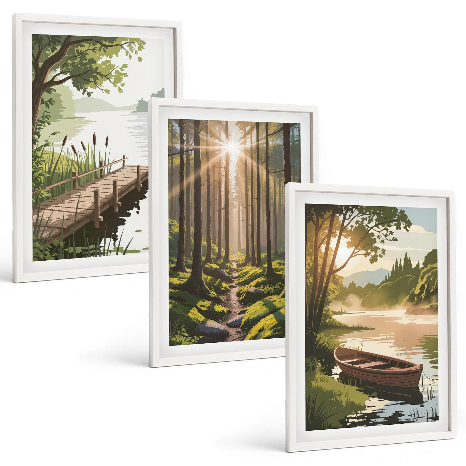 BILDER SET 3er Set - 40x60 cm Weißer Rahmen - Landschaft aus Wald, See und Boot - Weiß, Kunststoff (40/60cm) - TULUP
