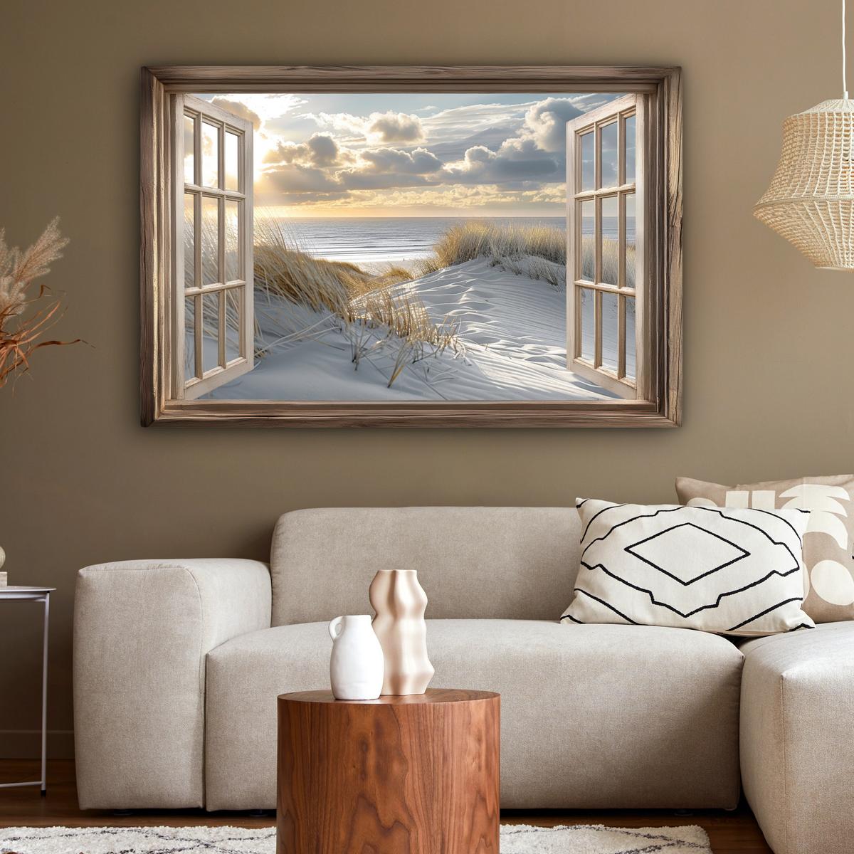LEINWANDBILD Ausblick - Strand - Dünen - Meer - Natur Wohnzimmer Groß 120x80 cm - Sandfarben, Textil (120/80cm) - MuchoWow