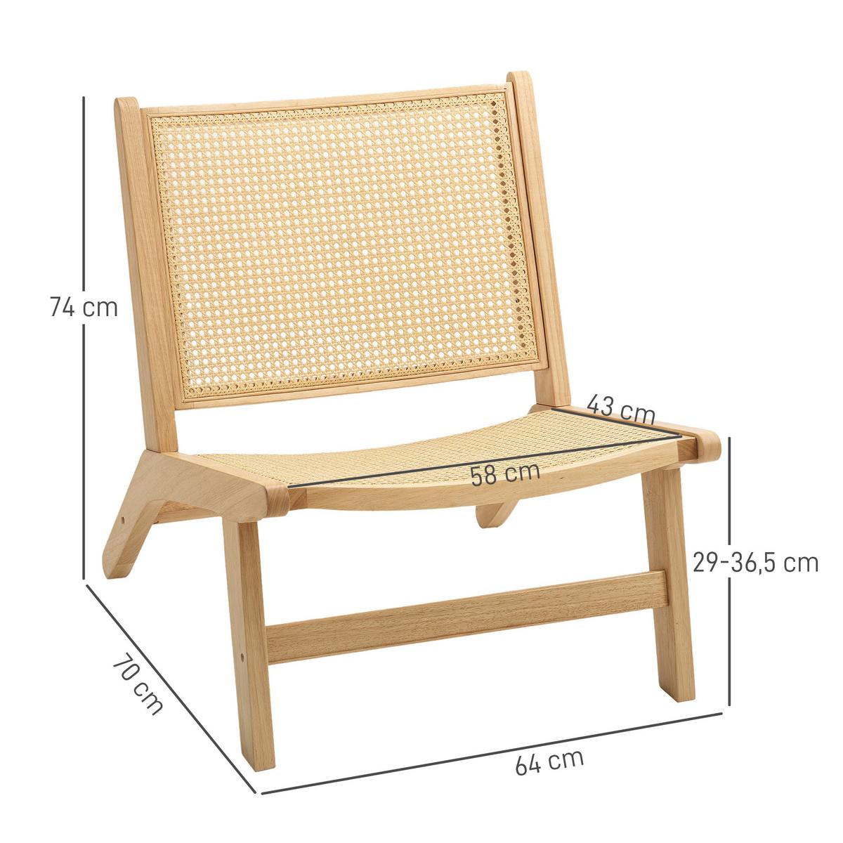 RATTANSTUHL ohne Armlehne, Stuhl mit Rattan-Rückenlehne, Holzrahmen - Naturfarben, Kunststoff (64/74/70cm) - HOMCOM