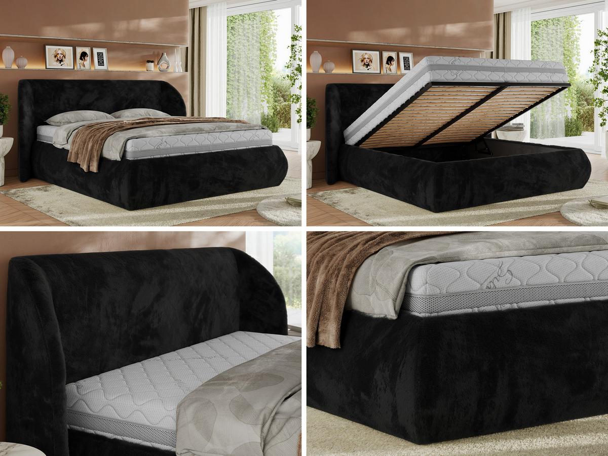 POLSTERBETT CAELA CLASSIC 160/200 - Schwarz Plüsch - Multipocket-Matratze - Schwarz, Textil (160/200cm) - MKS