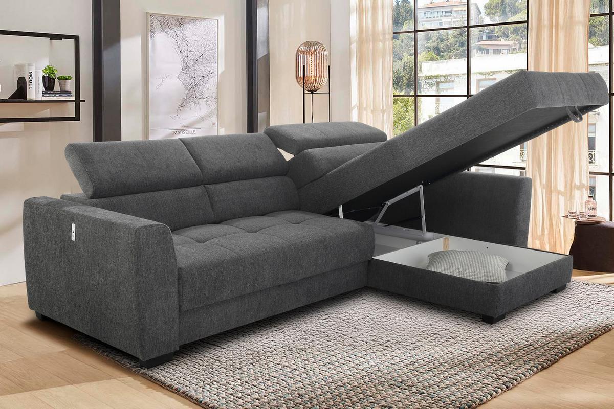 ECKSOFA mit elektrischer Sitztiefenverstellung, Kopflehnen verstellbar, USB-Ladefunktion, Bettkasten B300/T196/H103 cm, Chenille Dunkelgrau / 15409 - Dunkelgrau/Schwarz, Kunststoff/Textil (300/196cm) - luma-home