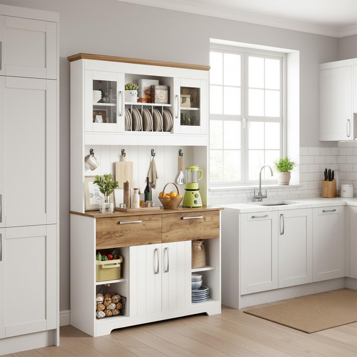 HIGHBOARD weiß und holzoptik, viel stauraum und mit vitrine fächern - Weiß, Holzwerkstoff (106/176.5/39cm) - Urban Meuble