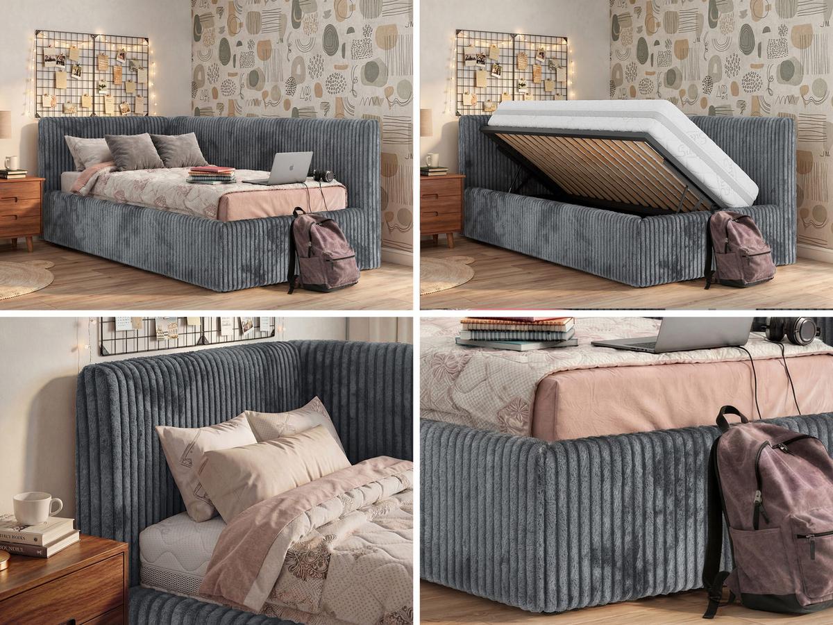 POLSTERBETT TILVO 90/200 - Grau Cord - Ohne Matratze - Links - Grau, Textil (90/200cm) - MKS