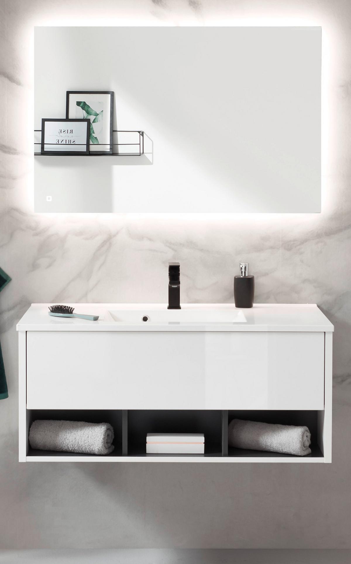 BADMÖBEL-SET weiß Hochglanz, grau 100 cm 2-teilig mit Waschbecken und LED Beleuchtung - Weiß Hochglanz/Grau, Glas/Holzwerkstoff (100/190/190cm) - Furn.Design