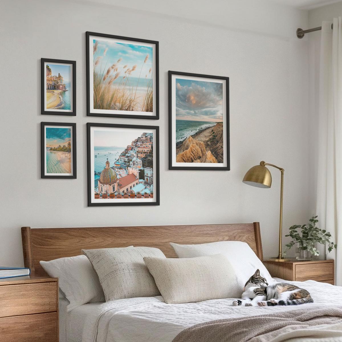 BILDER SET 5er Set - 50x50 cm & 20x30 cm & 40x60 cm Schwarzer Rahmen - Landschaften Strand Stadt Klippen - Schwarz, Kunststoff (40/60cm) - TULUP