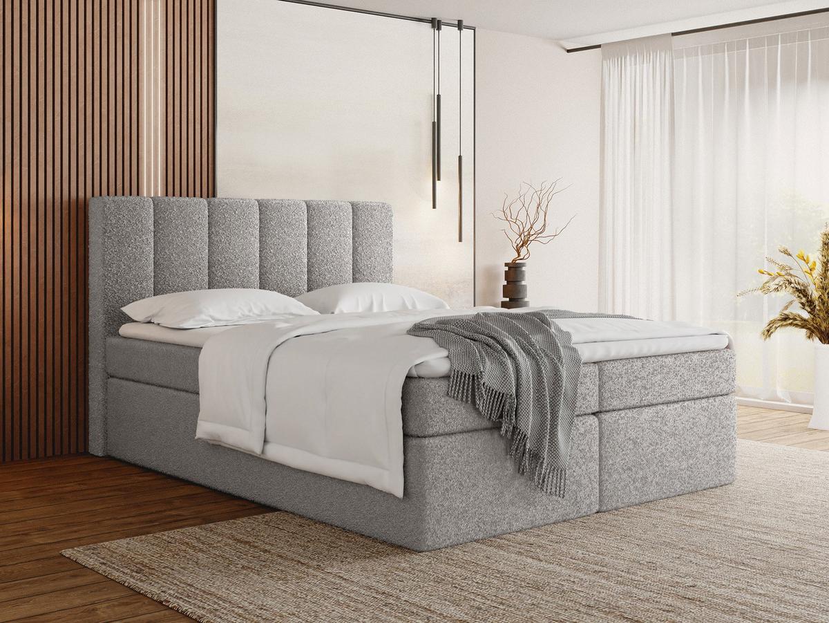 BOXBETT Amira mit Bettkasten, Boucle Grau 200/200 cm – 7-Zonen Taschenfederkern-Matratze & Komfortschaum-Topper - Hellgrau/Schwarz, Holz/Holzwerkstoff (200/200cm) - WFL GROUP
