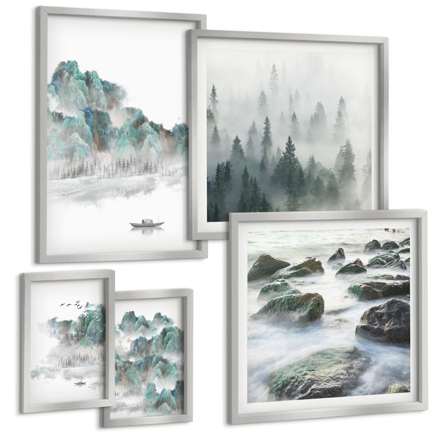 BILDER SET 5er Set - 50x50 cm & 20x30 cm & 40x60 cm Silberner Rahmen - Sommerwiesenblumen Sonnenuntergang - Silberfarben, Kunststoff (40/60cm) - TULUP