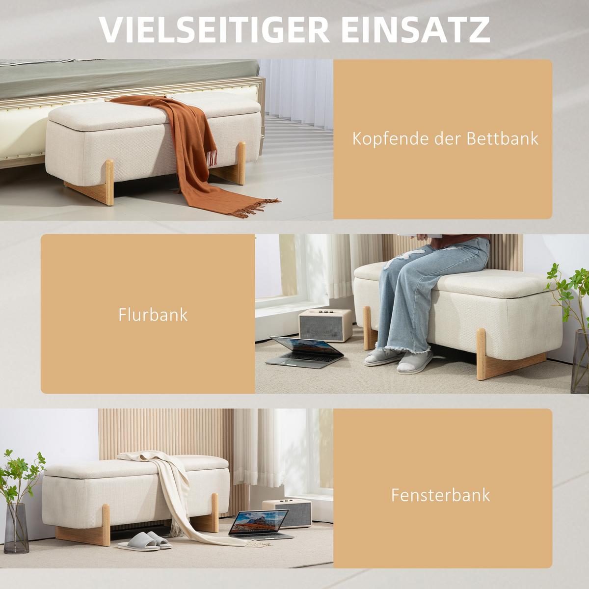 TRUHENBANK mit Leinenoptik, Holzbeine, Creme - Buchefarben/Creme, Kunststoff/Buchenholz (44/44.5/111cm) - HOMCOM