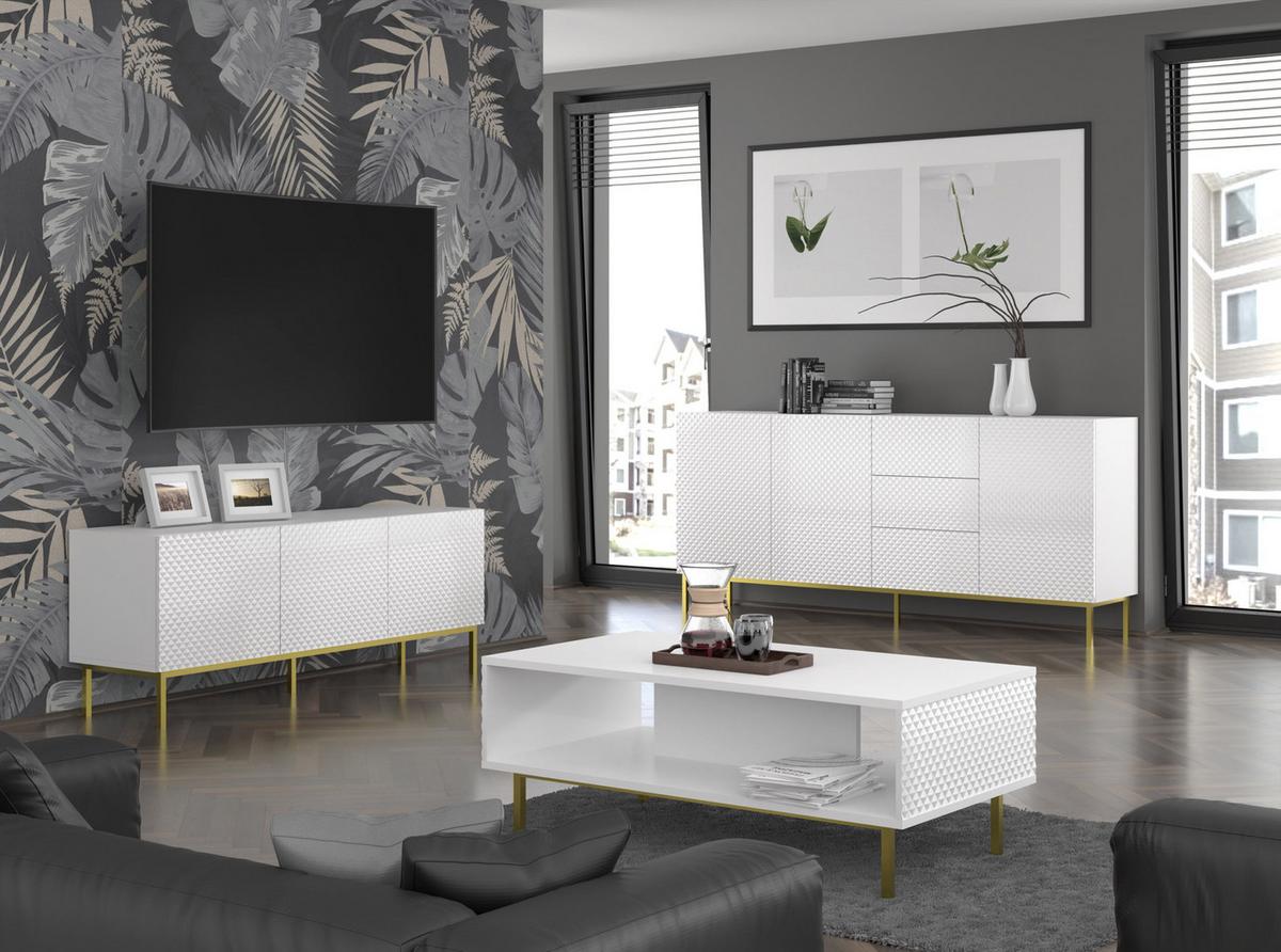 TV LOWBOARD Weiß, Weiß Hochglanz, Gold 200/56/42 - Weiß Hochglanz/Weiß, Holzwerkstoff (200/56/42cm) - RAUMHIRSCH FURNITURE