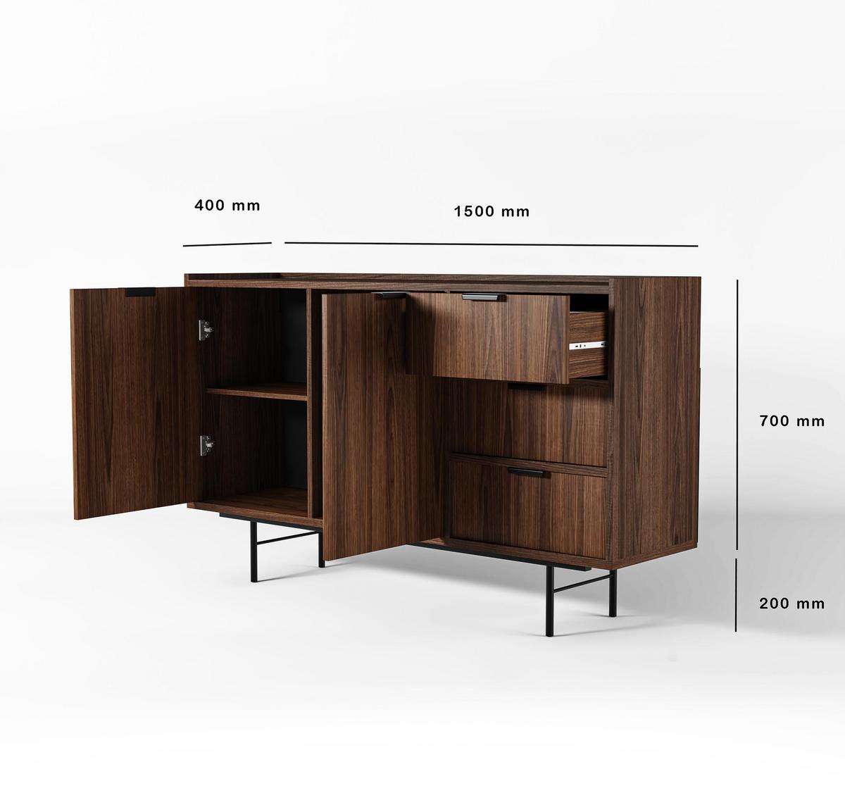 SIDEBOARD Nordiva 2T 3S Warmia Walnut 150/90/40 cm – Metallgestell - Walnussfarben/Schwarz, Holzwerkstoff/Metall (150/91/40cm) - AX Living