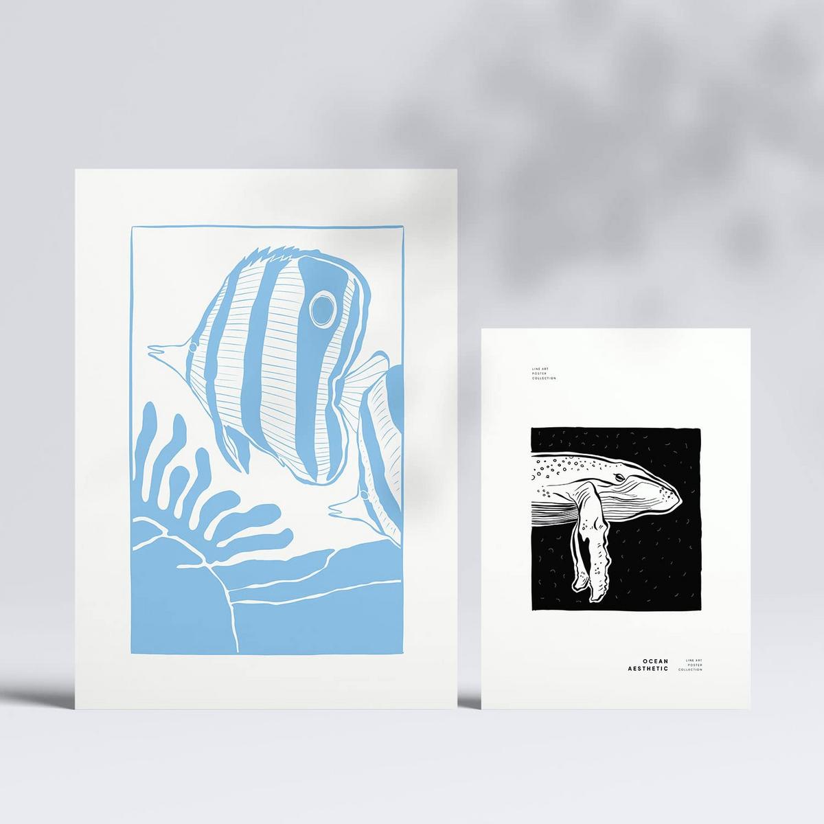 POSTER Set Mit 6 In Schwarzer Tinte Meeresmuster A3 & A4 Rahmenlos - Klar, Papier (29/3cm) - Nacnic