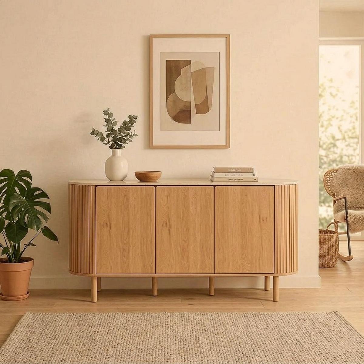 SIDEBOARD 3 Türen mit Travertin-Dekorplatte B160 cm - HELIOS - Eschefarben, Holzwerkstoff (40/80/48cm) - Calicosy