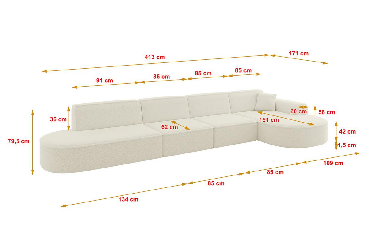 ECKSOFA Ottomane Rechts MARI-L3 - 413x171x79 cm Beige Bouclé - Beige/Schwarz, Holzwerkstoff/Kunststoff (171/413cm) - ALTDECOR