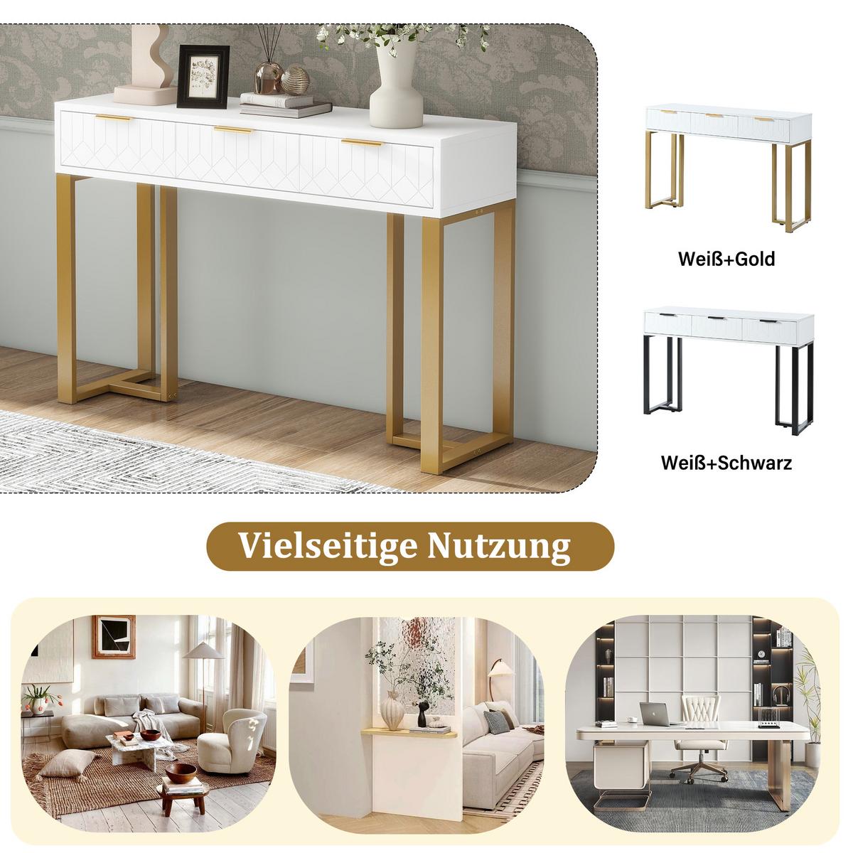 KONSOLENTISCH in weiß mit goldfarbenem metallgestell, 3 schubladen - Weiß, Holzwerkstoff (36/120/80cm) - Urban Meuble