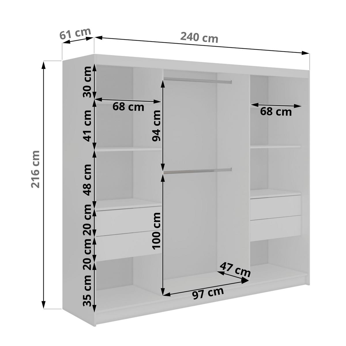 SCHWEBETÜRENSCHRANK mit Schubladen 240 - GRECJA - Weiß mit Spiegel - Alufarben/Weiß, Holzwerkstoff/Metall (240/216/61cm) - MKS