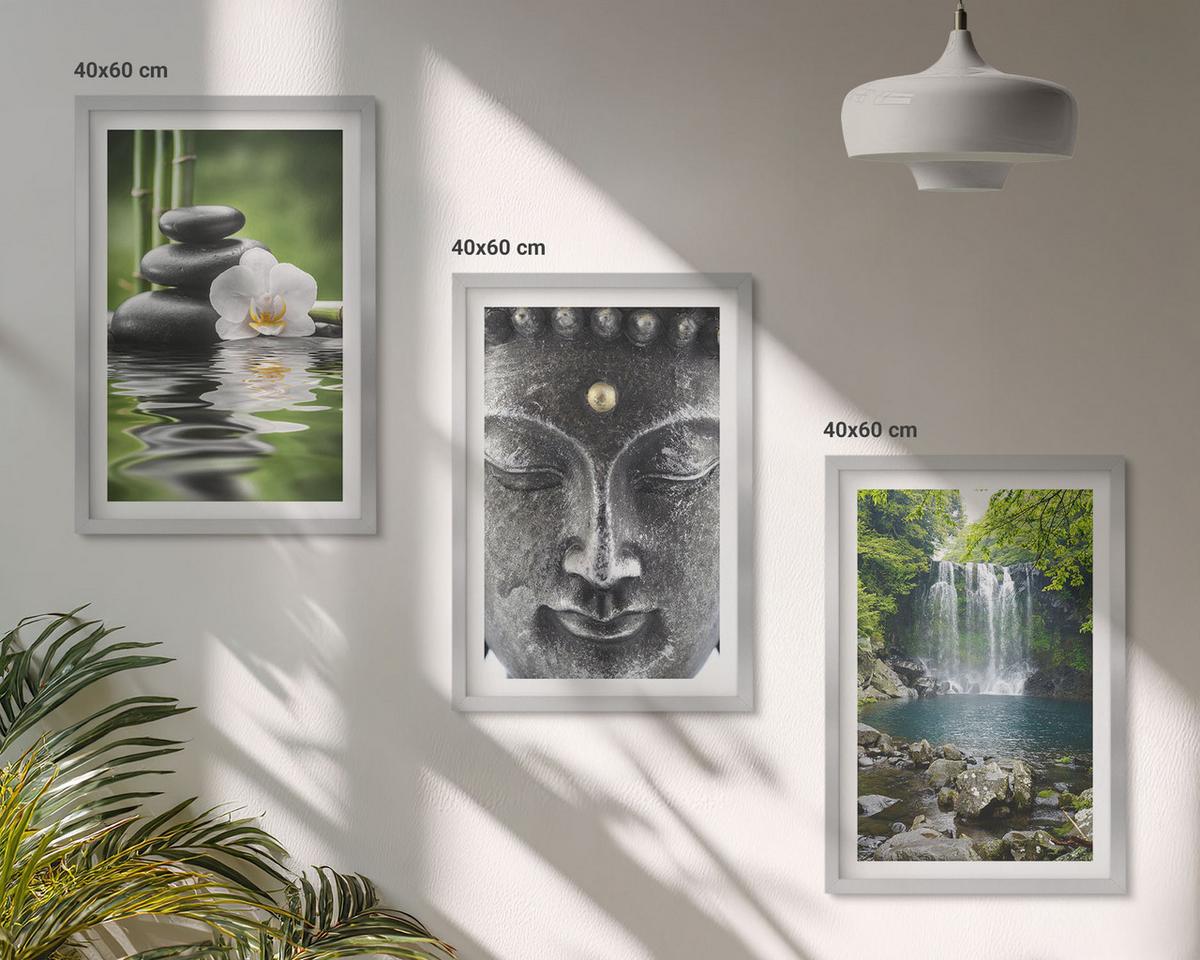 BILDER SET 3er Set - 40x60 cm Silberner Rahmen - Harmoniesteine Wasser Buddha - Silberfarben, Kunststoff (40/60cm) - TULUP