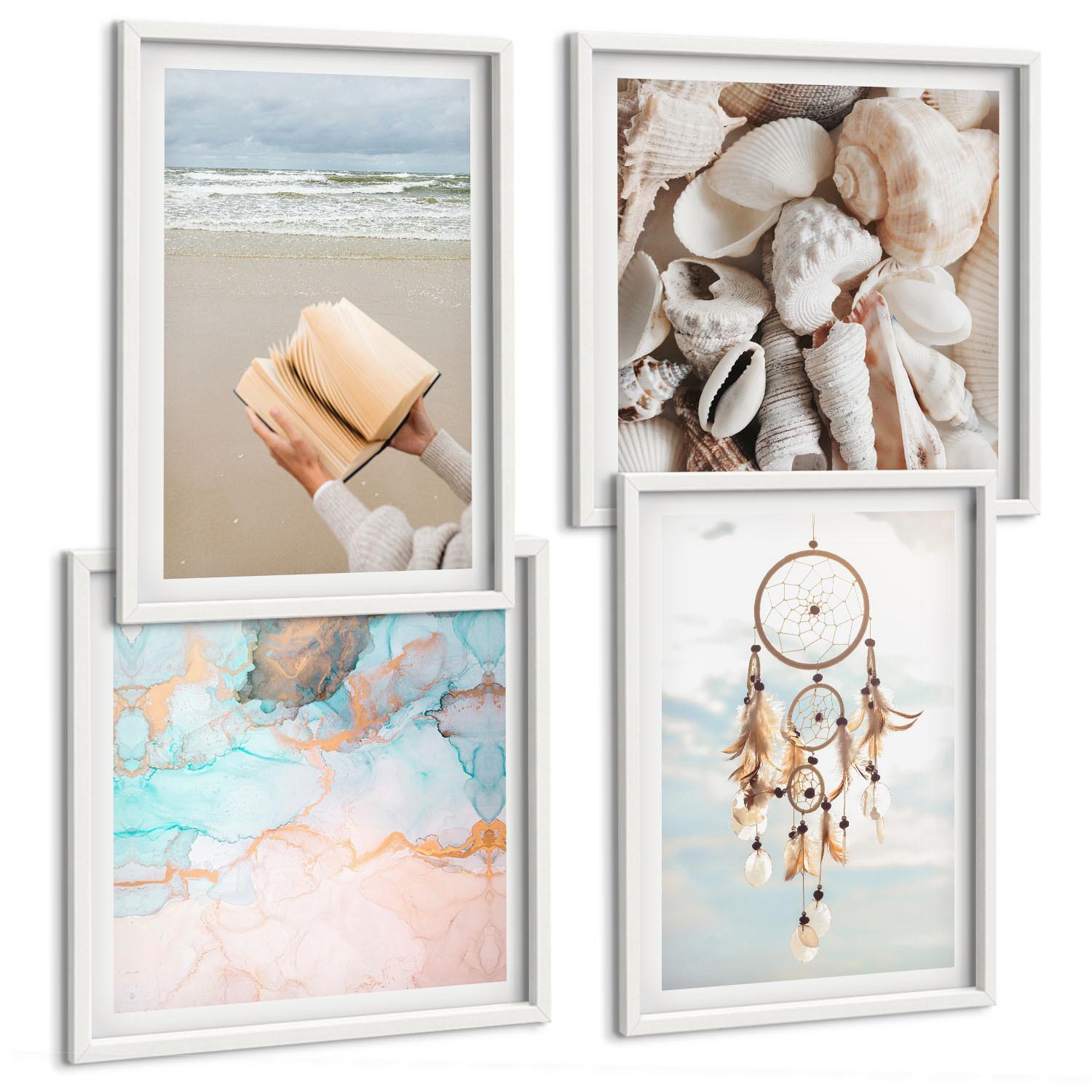 BILDER SET 4er Set - 50x50 cm & 40x60 cm Weißer Rahmen - Boho-Buch mit Muscheln - Weiß, Kunststoff (50/50cm) - TULUP