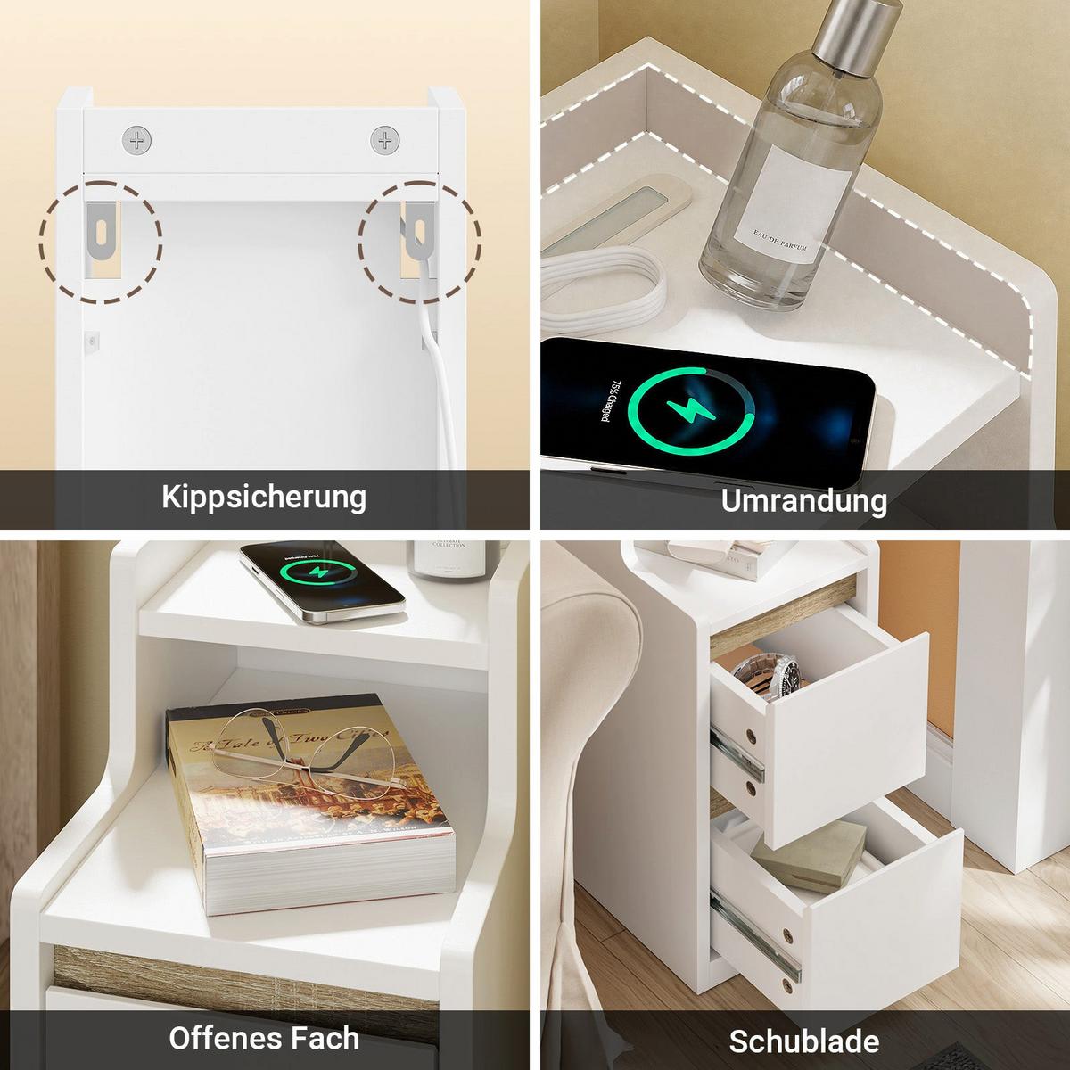 NACHTTISCH schmal mit Ladefunktion und LED-Touch-Lampe, 22x34x60.5cm - Weiß, Holzwerkstoff (22/60/34cm) - SoBuy