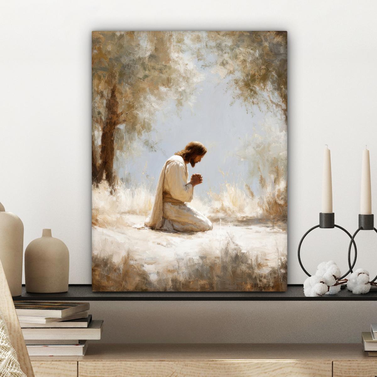 LEINWANDBILD Jesus - Kniend - Waldlandschaft - Betend Room Decor 30x40 cm - Beige/Hellblau, Textil (30/40cm) - MuchoWow