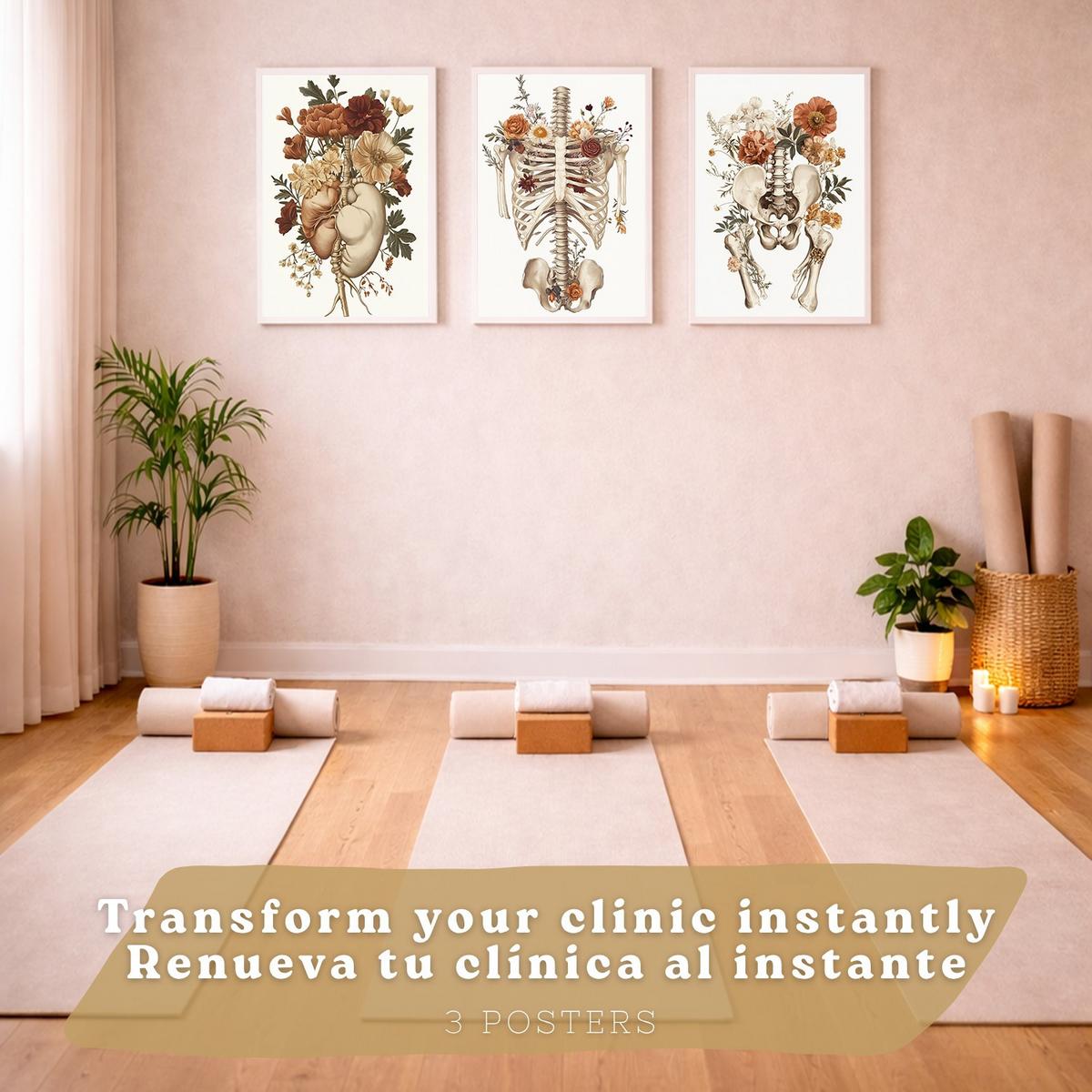 POSTER Set aus 3 Anatomie Mensch Florale Vintage Drucke und Wandbilder mit Herz Brustkorb und Becken Wanddekoration Größe Weißer Rahmen A4 - Weiß, Papier (21/29.7/3cm) - Nacnic